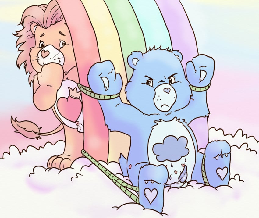 animal_genitalia animal_penis balls bondage bound brave_heart_lion care_bear care_bears cloud digital_media_(artwork) duo erection felid furry gag grumpy_bear lavilovi lion male male/male mammal nude outside pantherine penis sky ursid