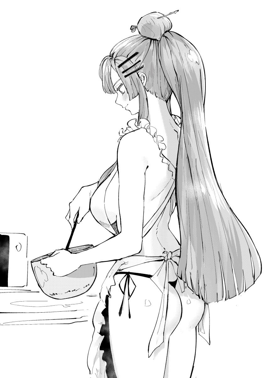 apron ass bangs blush breasts commentary commission cooking cowboy_shot english_commentary female frolaytia_capistrano from_behind greyscale heavy_object high_ponytail long_hair medium_breasts monochrome nearly_naked_apron no_bra norman_maggot panties side-tie_panties sideboob sidelocks solo standing thong underwear very_long_hair