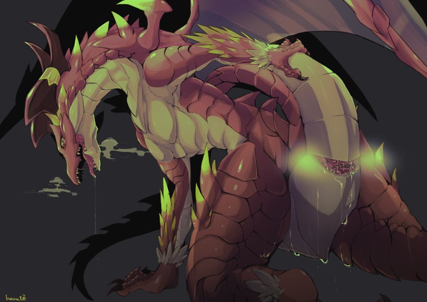 2019 animal_genitalia bodily_fluids brunhilda cloaca cloaca_juice cygames dragalia_lost dragon female feral flat_chested genital_fluids h_rt2 heart horizontal_cloaca horn looking_at_viewer looking_pleasured nintendo open_mouth red_body red_scales saliva scales scalie solo video_games western_dragon wings