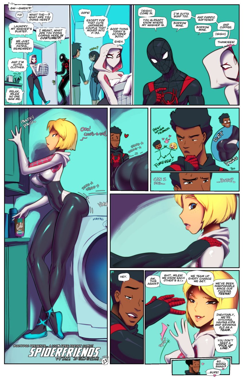 ass ass_jiggle black_hair black_male blonde_hair blue_eyes bodysuit breasts brown_hair bubble_butt comic costume crossover dark-skinned_male dark_skin eastern_and_western_character eyebrow_piercing female freckles fred_perry gwen_stacy gwen_stacy_(spider-verse) happy_sex human humor izuku_midoriya male marvel marvel_comics medium_breasts miles_morales my_hero_academia navel nipples shaking_butt smile spider-gwen spider-man:_into_the_spider-verse spider-man_(miles_morales) spider-man_(series) straight straight_hair superhero superheroine tight_clothing tsuyu_asui washing_machine wholesome