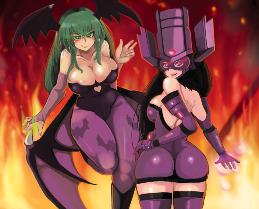 2girls ass bat_wings black_hair breasts clothing crossover darkstalkers demon_girl galacta green_hair head_wings large_breasts looking_at_viewer looking_back marvel marvel_comics marvel_vs._capcom morrigan_aensland mr_chwadee multiple_girls stockings succubus thick_thighs thighhighs