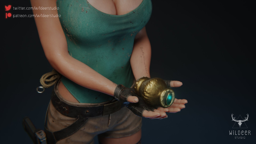 3d artifact athletic bare_arms bare_legs bare_shoulders belt big_breasts boots breasts busty buttplug cleavage female female_focus female_only fingerless_gloves footwear gloves gun handwear holster hourglass_figure jewelry lara_croft lara_croft_(survivor) large_breasts leotard medallion necklace pinup pistol ruin short_shorts solo tagme tattoo thigh_holster thigh_strap tomb_raider weapon wildeerstudio