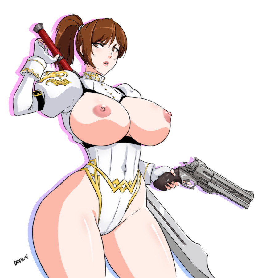 bare_thighs big_breasts breasts brown_eyes brown_hair capcom devil-v devil_may_cry devil_may_cry_4 exposed_breasts female female_only gun highres huge_breasts kyrie_(devil_may_cry) nipples solo sword thick thick_thighs weapon