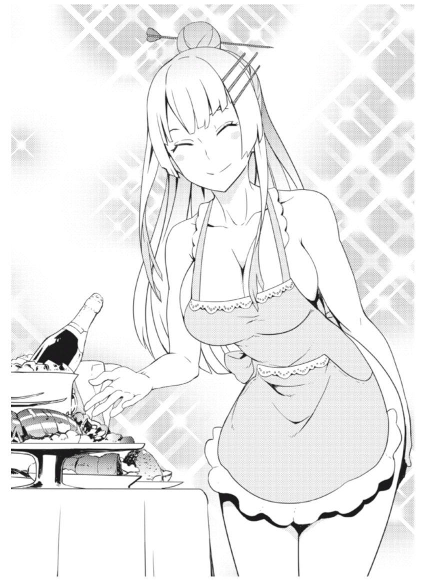 apron blush breasts cleavage collar_bone female frolaytia_capistrano heavy_object large_breasts long_hair monochrome nagi_ryou naked_apron smile thighs