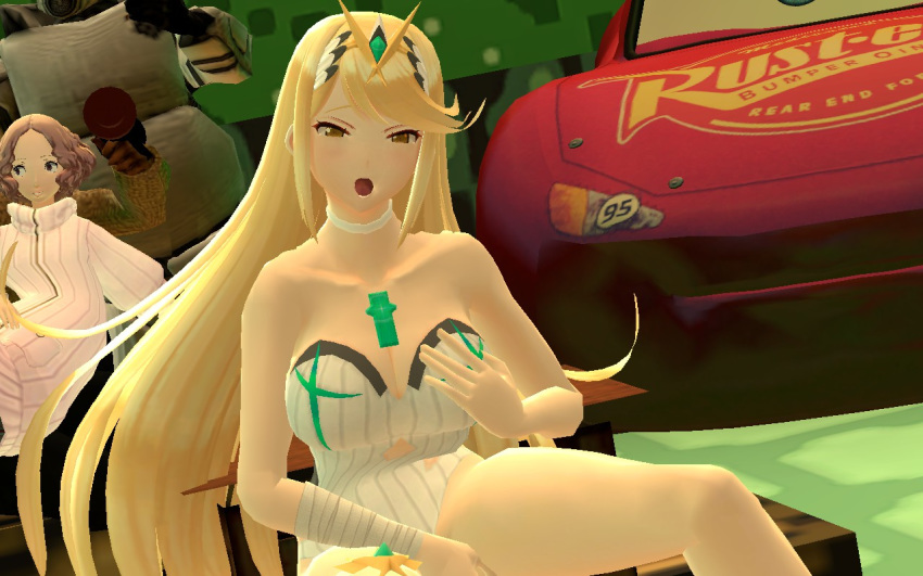 1girls atlus blonde_hair cars_(film) clothed combine crossover disney eastern_and_western_character fingering half-life half-life_2 haru_okumura lightning_mcqueen lucasfilm mythra nintendo persona persona_5 pixar star_wars swimsuit worried xenoblade_(series) xenoblade_chronicles_2