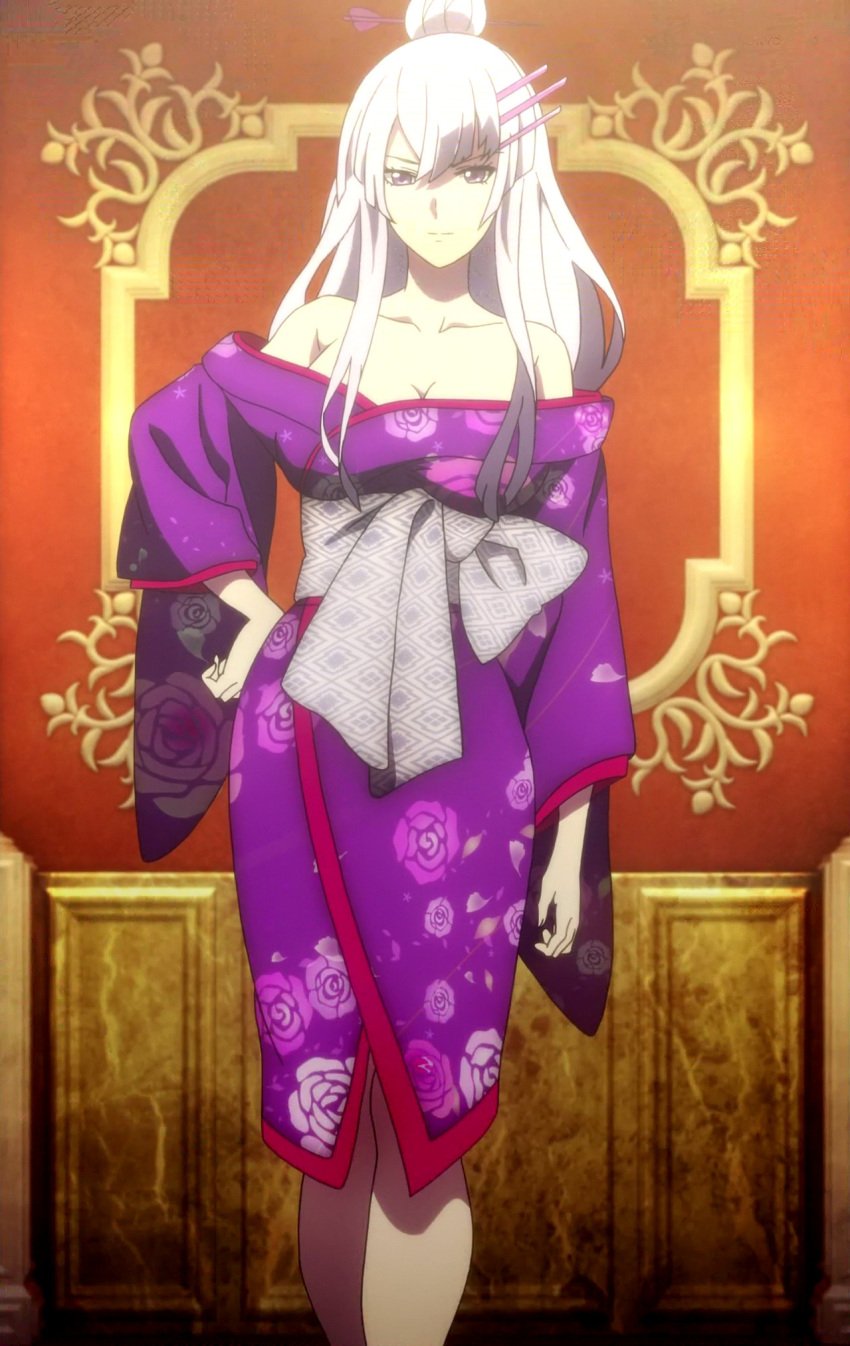 around_shoulders breasts cleavage collar_bones female frolaytia_capistrano hair_bun heavy_object japanese_clothes kimono large_breasts legs long_hair purple_eyes silver_hair smile solo yukata