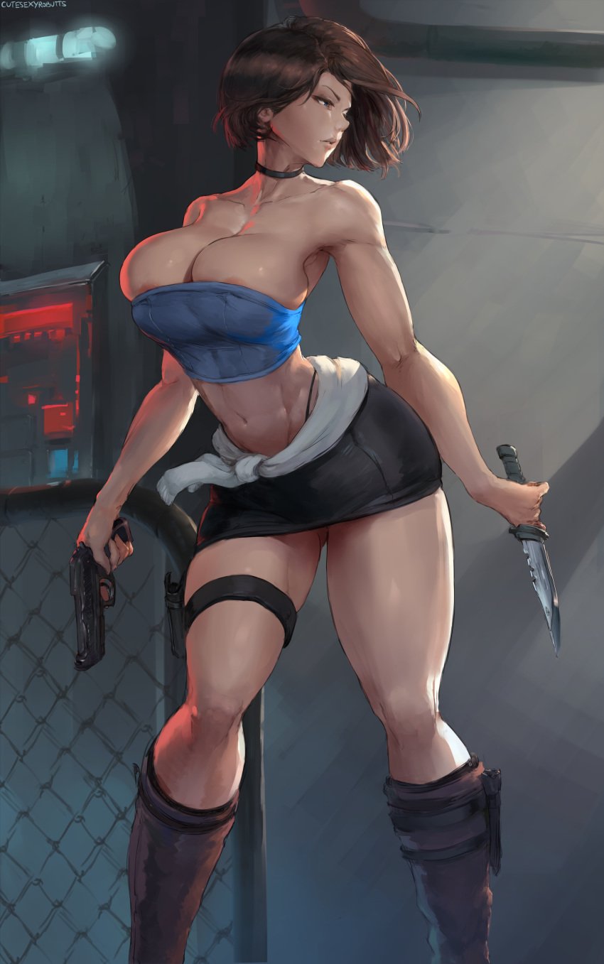 1girls abs areola_slip areolae artist_name bare_shoulders bimbo black_choker black_g-string black_panties black_skirt black_thong black_thong_panties blue_eyes bob_cut breasts brown_hair bursting_breasts busty capcom choker clavicle cleavage clothing curvaceous cutesexyrobutts female female_only firearm footwear g-string gun handgun high_resolution huge_breasts human jill_valentine jill_valentine_(sasha_zotova) knife large_breasts lips looking_to_the_side midriff muscular_female naughty_face navel overflowing_breasts panties parted_lips resident_evil resident_evil_3 seductive short_hair skirt solo standing strapless thick_thighs thighband thighs thong thong_panties thong_underwear tubetop voluptuous weapon whale_tail wide_hips