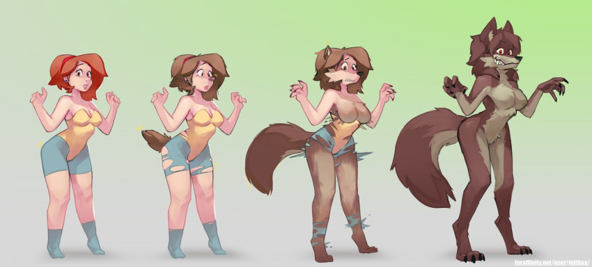 2018 anthro blush breast_expansion breasts brown_body brown_fur canid canine canis cleavage clothed clothing digitigrade ear_piercing female fur gradient_background green_eyes human human_to_anthro legwear looking_at_viewer mammal mithaa naturally_censored nude piercing pussy red_eyes sequence simple_background smile snout socks solo species_transformation standing surprise tail_growth torn_clothing transformation werewolf wolf