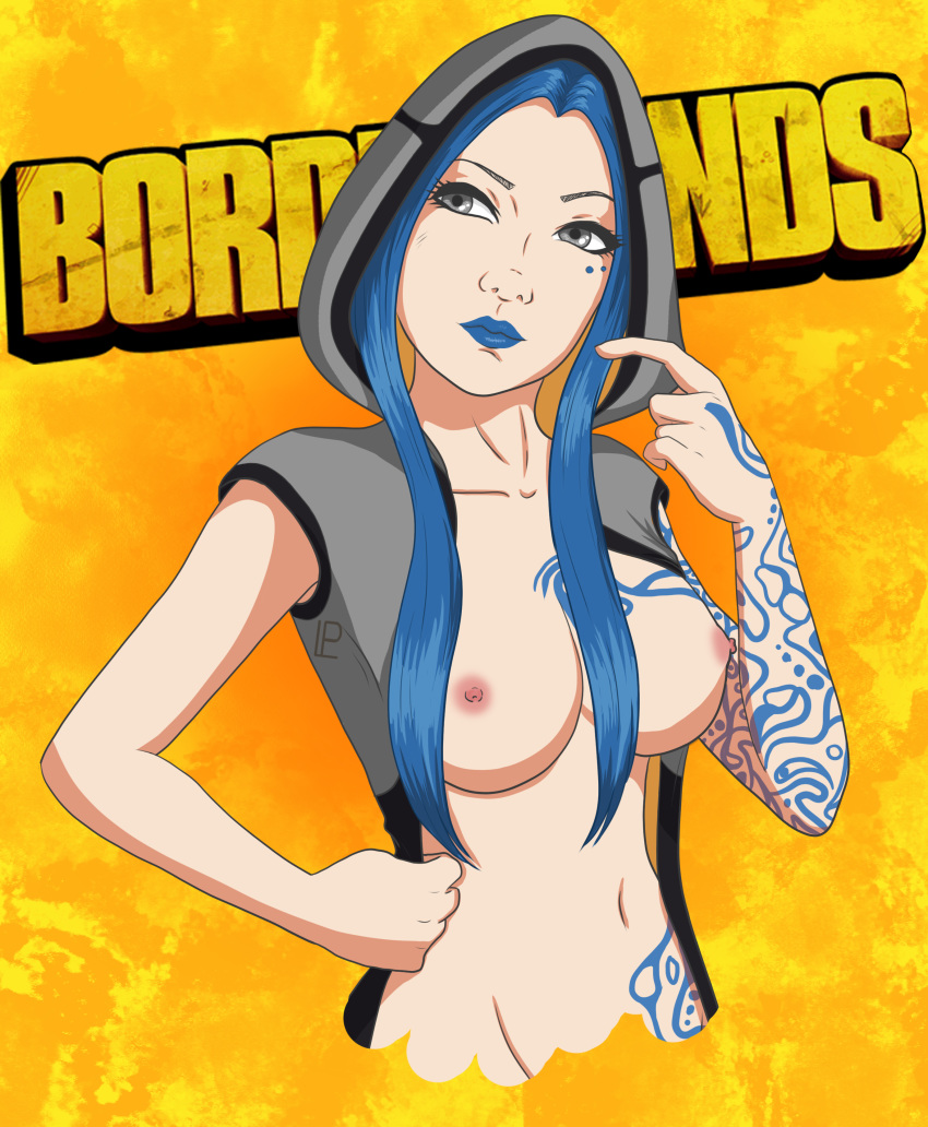 1girls blue_lipstick borderlands borderlands_3 breasts breasts_out hood lepsa maya_(borderlands) tattoos yellow_background