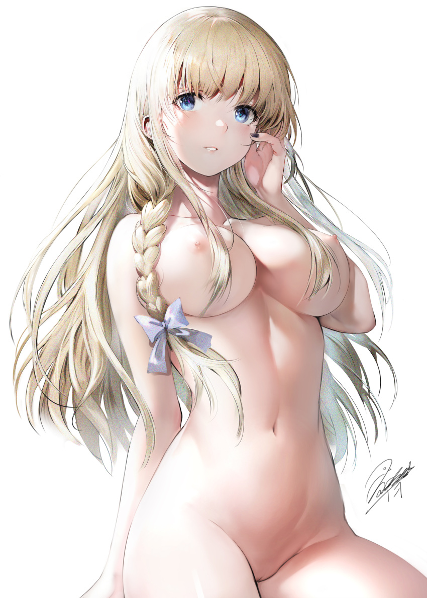 1girls absurdres bare_arms black_nails blonde_hair blue_bow blue_eyes bow braid breasts collarbone cowboy_shot fanbox_reward hair_bow hand_up haori_iori highres large_breasts long_hair looking_at_viewer nail_polish navel nipples nude original paid_reward parted_lips pussy sidelocks simple_background solo uncensored white_background