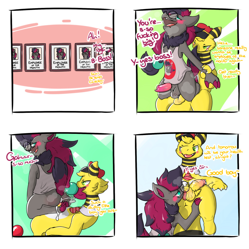 1:1 2019 alternate_color ampharos anal anal_sex animal_genitalia anus ass big_butt blush bodily_fluids checker claws clothed clothing comic cowgirl_position cuchufleh_(character) cum dialogue digital_media_(artwork) duo employee_of_the_month english_text erection fangs fellatio feral fur genital_fluids hair hi_res lechecker male male/male male_penetrated male_penetrating nintendo on_top open_mouth oral original_character penetration penis pokémon_(species) pokemon pokemon_(species) saliva sex simple_background smile teeth testicles text tongue topwear video_games zoroark