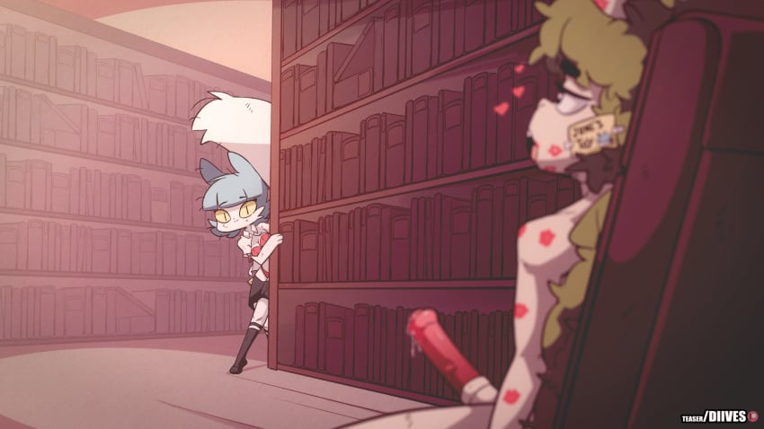 1boy 1girls after_sex animated bookshelf color colored diives domestic_cat female heart_symbol june_(diives) june_(junesy) kiss_mark library male mind_break nude_male nude_male_clothed_female oc original_character penis sheep sticky_note tagme talking_to_viewer winking_at_viewer xingzuo_temple