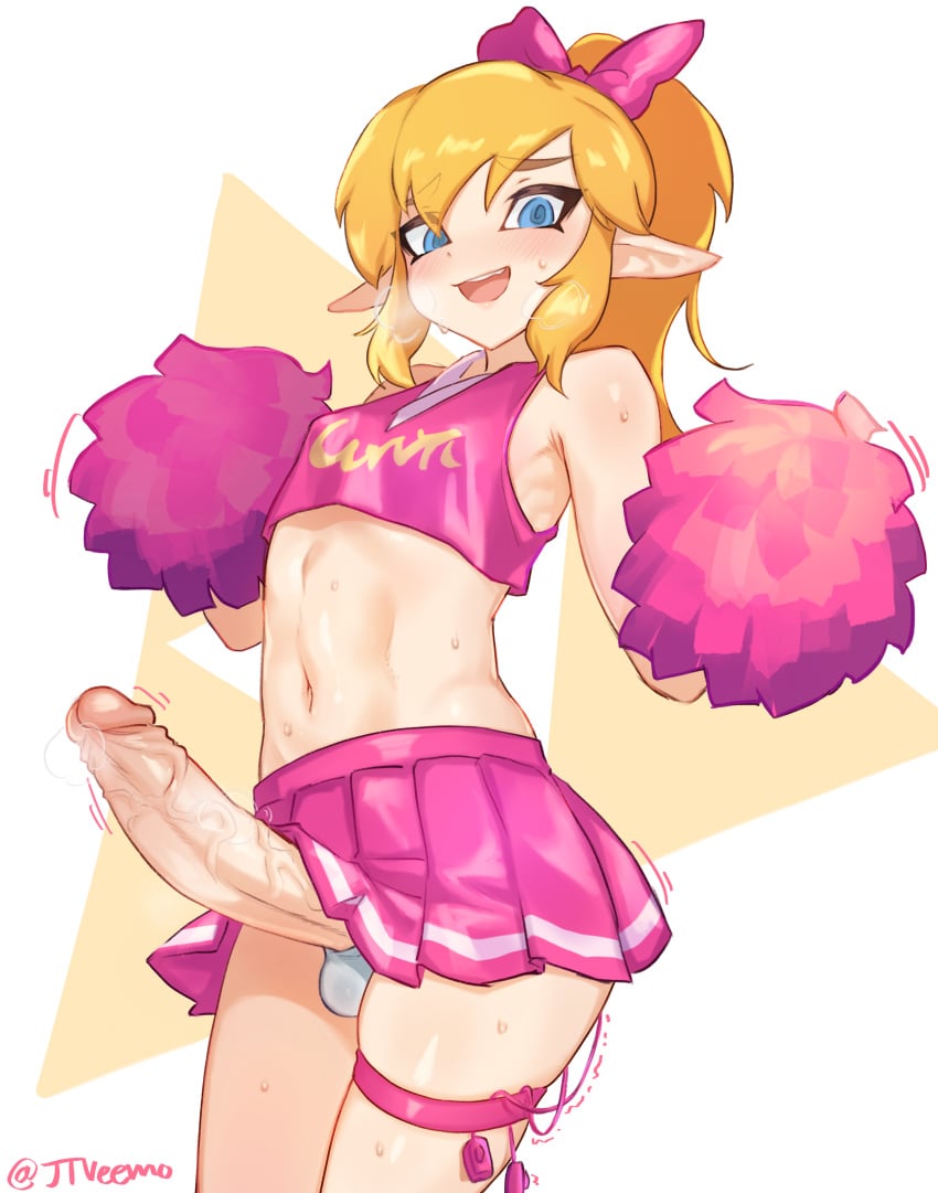 1boy androgynous big_penis blonde_hair blue_eyes blush breath canon_crossdressing cheer_outfit cheerleader cheerleader_link cheerleader_uniform covered_nipples crossdressing femboy flat_chest garter girly highres hung_trap hylian hylian_ears jtveemo large_penis link link_(tri_force_heroes) looking_at_viewer male male_cheerleader male_only nintendo panties panting panty_bulge penis penis_under_skirt pink_skirt pointy_ears pom_poms ponytail sex_toy skirt solo solo_male sweat the_legend_of_zelda thick_eyebrows thigh_strap trap tri_force_heroes vibrator visible_breath white_panties