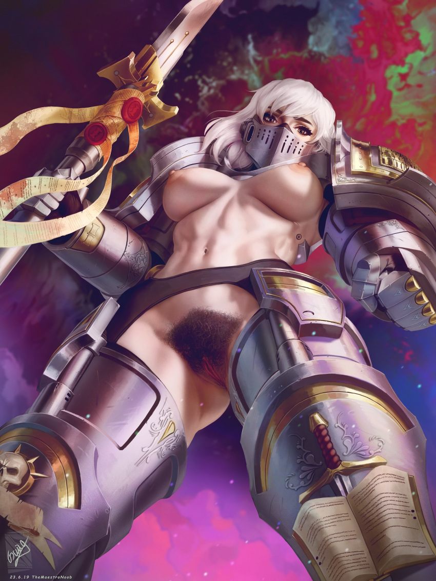 1girls adeptus_astartes armor armwear breasts casual exposed_torso female female_only female_space_marine functionally_nude genderbend genderswap green_hair grey_knight human imperium_of_man inquisition_(warhammer_40k) legwear no_bra pubic_hair purity_seal pussy rule_63 sci-fi science_fiction scifi solo solo_female space_marine text themaestronoob viewed_from_below warhammer_(franchise) warhammer_40k yellow_eyes