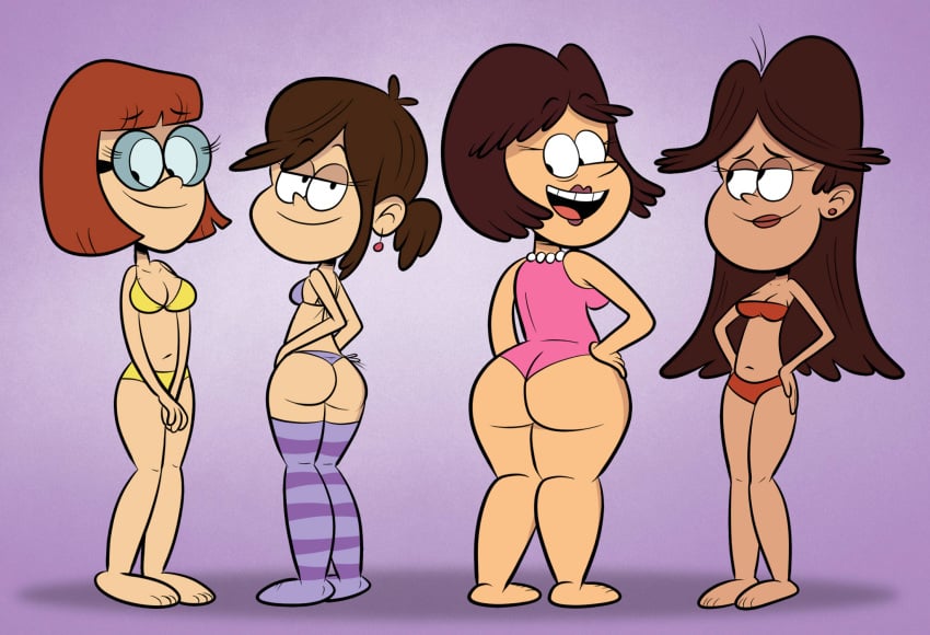 4girls ass big_ass bikini brown_hair cleavage dana dana_(the_loud_house) female female_only human monica multiple_females multiple_girls pam pam_(the_loud_house) purple_background scobionicle99 simple_background straight_hair teri the_loud_house thigh_highs thighhighs