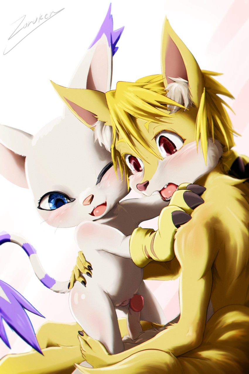 absurd_res anthro anthro_on_anthro balls bandai_namco canid canine digimon digimon_(species) duo erection felid female fox gatomon genitals hi_res humanoid_genitalia humanoid_penis imminent_sex male male/female mammal nude one_eye_closed open_mouth penis pussy simple_background white_background zoruken