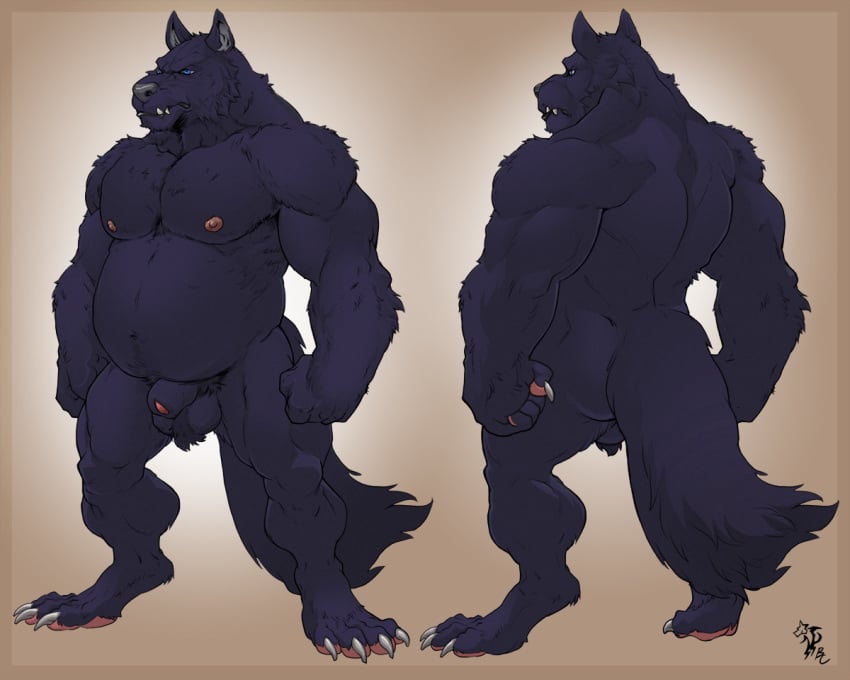 2018 4_toes 5:4 animal_genitalia anthro ass back_muscles backsack badcoyote ball_tuft balls belly biceps biped black_body black_fur blue_eyes canid canine canis claws digital_media_(artwork) fangs front_view fur male male_only mammal musclegut muscular muscular_male nipples nude pecs penis penis_tip quads rear_view sheath slightly_chubby solo solo_male standing teeth toe_claws toes triceps tuft wolf