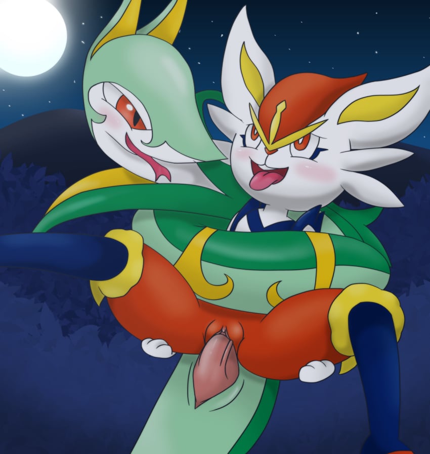 1boy 1girls 2019 ahe_gao animal_genitalia blush cinderace coiling detailed_background digital_media_(artwork) duo erection female feral fur furry genital_slit hi_res interspecies kasainoa lagomorph larger_male male male_penetrating mammal night nintendo outside penetration penis pokémon_(species) pokemon pokemon_bw pokemon_ss pussy scalie semi-anthro serperior sex size_difference slit smaller_female tongue tongue_out vaginal_penetration video_games