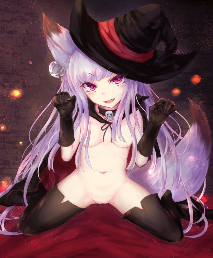 animal_ears breasts habu_rin heels naked_cape nipples no_bra no_panties pussy small_breasts thighhighs uncensored witch