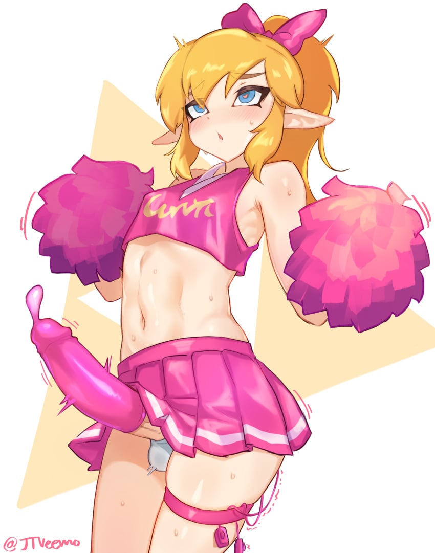 1boy 1femboy ahe_gao androgynous balls_in_panties blue_eyes blush breath canon_crossdressing cheer_outfit cheerleader cheerleader_link cheerleader_uniform condom condom_filling covered_nipples crossdressing cum cum_in_condom ejaculation femboy flat_chest garter girly heart-shaped_pupils hung_trap hylian hylian_ears jtveemo large_penis link link_(tri_force_heroes) looking_up male male_cheerleader male_only nintendo orgasm panties panting penis penis_under_skirt pink_skirt pointy_ears pom_poms ponytail sex_toy skirt solo solo_male sweat the_legend_of_zelda thick_eyebrows thigh_strap trap trembling tri_force_heroes vibrator visible_breath white_panties