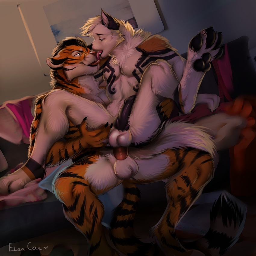 1:1 4_toes 5_fingers anthro anthro_on_anthro anthro_penetrated anthro_penetrating anthro_penetrating_anthro balls black_stripes canid canine eleacat felid fingers fur hi_res male male/male male_penetrated male_penetrating male_penetrating_male mammal open_mouth orange_body orange_fur pantherine penetration striped_body striped_fur stripes teeth tiger toes tongue