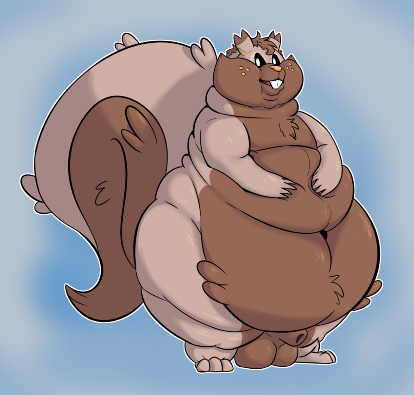 1boy 2019 animal_genitalia anthro belly blue_background brown_body brown_fur chubby farsek fully_sheathed fur greedent hi_res male male_only mammal navel nintendo obese overweight penis pokémon_(species) pokemon pokemon_ss rodent sheath simple_background testicles thick_thighs video_games wide_hips