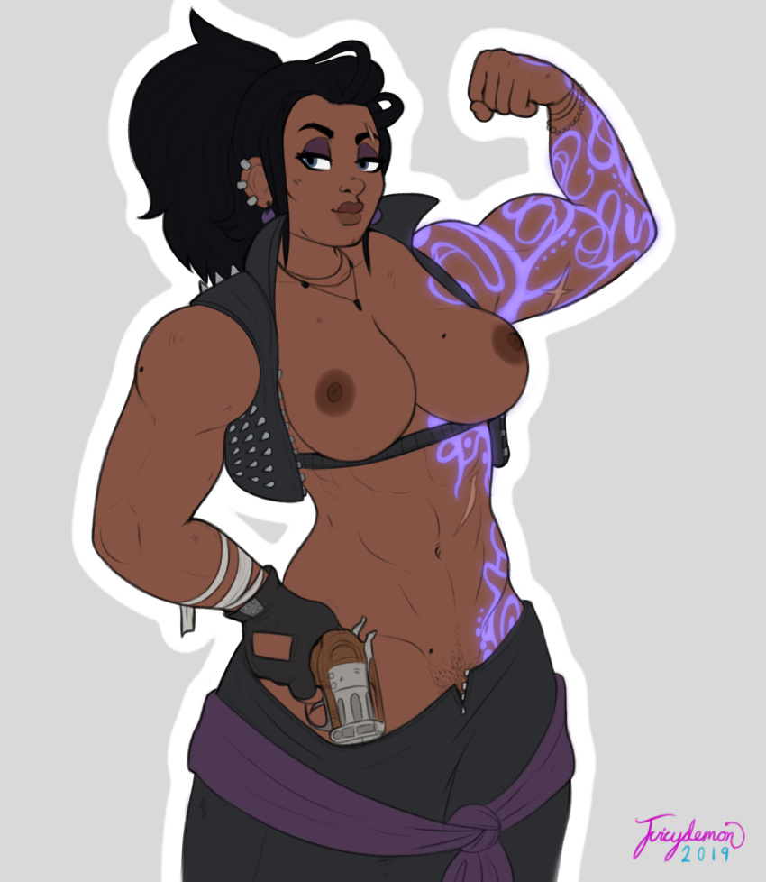 1girls abs amara_(borderlands) borderlands borderlands_3 breasts dark-skinned_female dark_skin exposed_breasts female female_only flexing holding_weapon indian indian_female juicydemon muscles muscular muscular_female pubic_hair solo vest