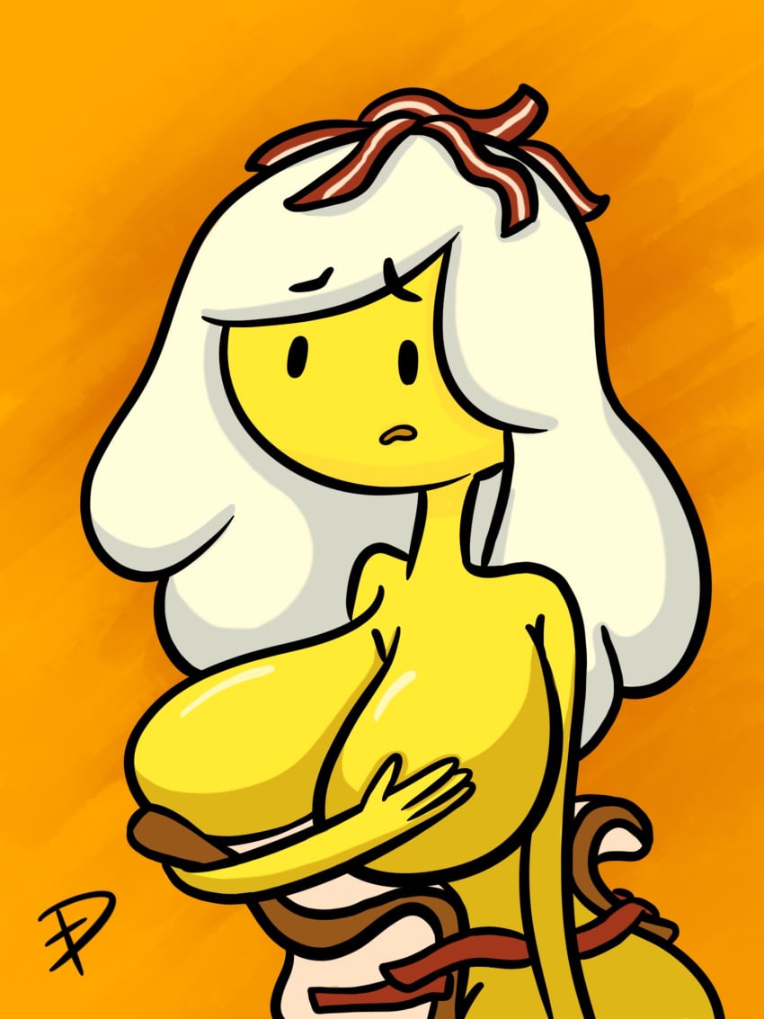 adventure_time alternate_breast_size bacon big_breasts breakfast_princess breast_expansion breasts covering_breasts defmno egg female female_focus female_only hand_on_breast huge_breasts large_breasts solo solo_female white_hair yellow_skin