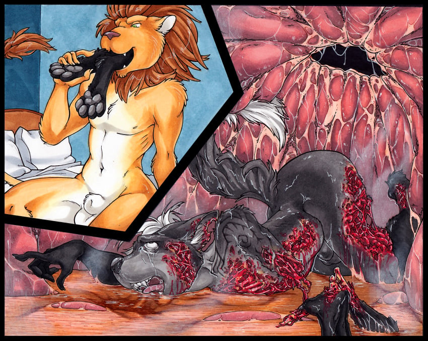 aydan bloody canid canine death digestion felid fox gore internal leg_markings lion macro male male/male male_pred male_prey male_ryona mammal markings micro open_mouth oral_vore pantherine psychoseby size_difference smaller_version_at_source stomach violence vore