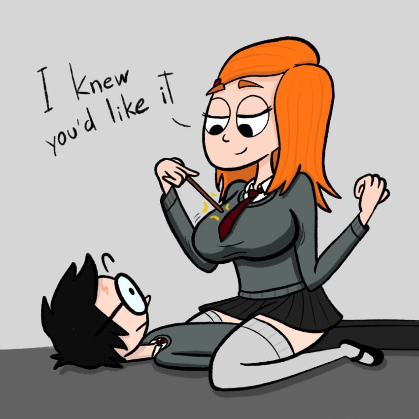 1boy 1girls arms_pinned big_breasts black_hair black_shoes boyfriend boyfriend-girlfriend breast_expansion breasts clothed clothed_female clothed_male clothing defmno dialogue english_text engorgement_charm female_on_top femdom footwear forced ginger_hair ginny_weasley girl_on_top girlfriend glasses grey_background grey_sweater harry_james_potter harry_potter hogwarts_school_uniform human human_only larger_female long_hair long_socks lying lying_on_back magic magic_wand necktie red_hair red_necktie red_tie redhead restrained school_uniform schoolgirl shoes short_hair simple_background sitting_on_person skirt smaller_male smile smiling smug straight student sweater talking text thick_thighs thigh_high_socks thigh_highs thighhigh_socks thighhighs thighs tie wand witch wizard