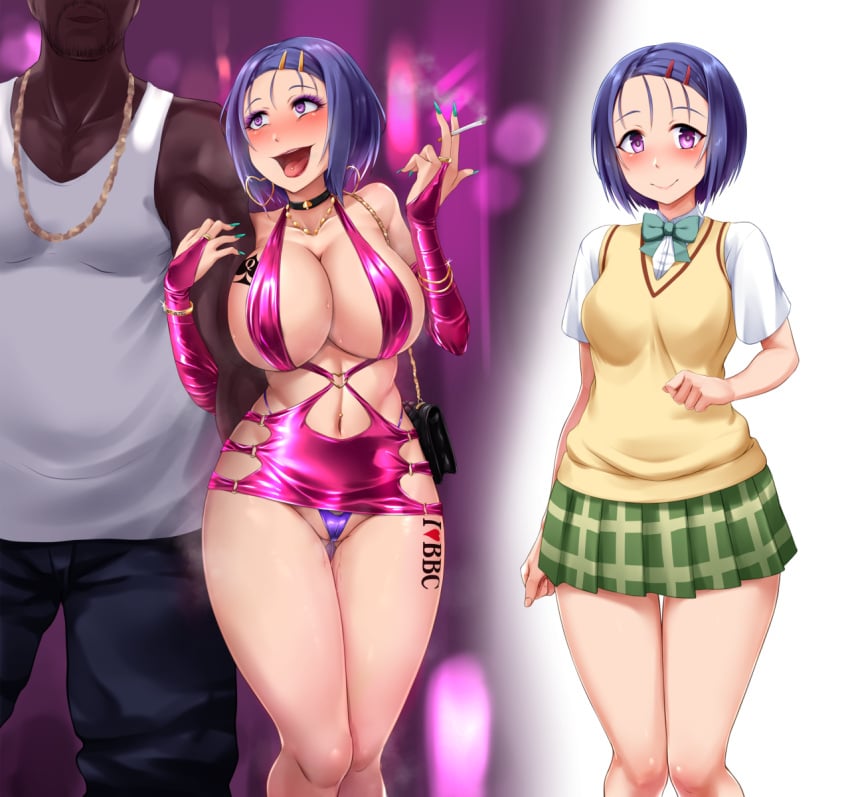 1boy anulita100 arm_at_side arm_hug bag before_and_after between_fingers bimbofication black_bag black_choker black_pants blacked_female blue_hair blush bodycon bow bowtie bracelet breast_expansion breast_implants breast_tattoo breasts bridal_gauntlets brown_sweater_vest choker cigarette city_lights cleavage closed_mouth clothing_cutout commentary_request corruption cowboy_shot dark-skinned_male dark_skin dress earrings eyeshadow facial_hair female goatee gold_bracelet gold_earrings gold_necklace green_bow green_bowtie green_nails green_skirt hair_ornament hairclip hands_up heart heart_earrings heart_o-ring heart_tattoo height_difference highres holding holding_cigarette hoop_earrings i_heart... interracial jewelry knees_together_feet_apart leg_tattoo looking_at_another looking_at_viewer makeup mascara medium_breasts micro_panties miniskirt multiple_bracelets multiple_views nail_polish navel navel_cutout necklace o-ring o-ring_dress open_mouth panties pants panty_peek parallel_hairclips piercing pink_bridal_gauntlets pink_dress pleated_skirt purple_eyes purple_eyeshadow purple_panties pussy_juice queen_of_spades_symbol race_fetishism race_fetishism_symbol revealing_clothes sairenji_haruna school_uniform shiny_clothes shirt short_hair short_sleeves shoulder_bag sidelocks skirt sleeveless sleeveless_shirt smile smoke spade_(shape) spade_choker spade_tattoo standing straight sweater_vest tattoo thigh_gap to_love-ru tongue_piercing underwear variant_set white_shirt