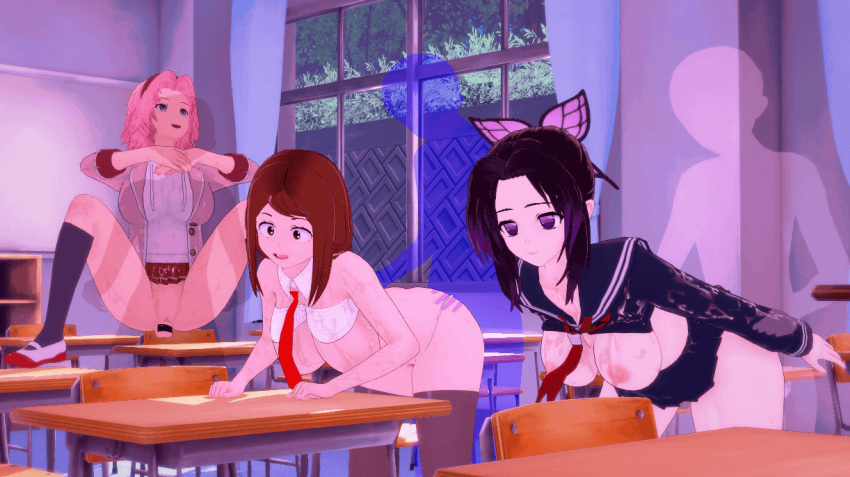 3d 3dbabes 3girls animated big_breasts breasts brown_hair classroom crossover demon_slayer desk doggy_style female female_focus kimetsu_no_yaiba kochou_shinobu koikatsu male modern_au modern_setting multiple_boys multiple_girls my_hero_academia naruto naruto_shippuden ochako_uraraka pink_hair sakura_haruno school_uniform shounen_jump standing_sex tagme vaginal_penetration