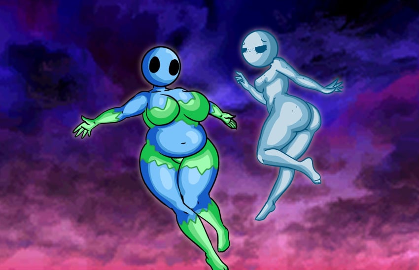 2girls :3 arms_spread ass bald_female belly belly_button big_breasts black_eyes blue_body blue_eyes breasts chetoh chubby chubby_female earth earth_day female female_focus female_only floating floating_in_space freckles freckles_on_face gijinka looking_at_viewer moon naked naked_female no_mouth no_visible_genitalia space space_background