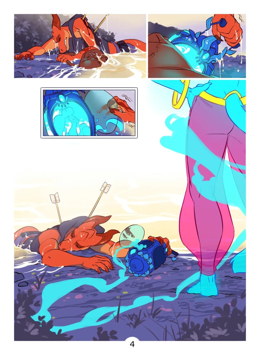 2017 anthro arrow arrow_(weapon) ass ass_focus athletic_male blood blue_fur bracelet claws clothed clothing comic comic_panel darnell_(zummeng) dead death duo dying feline female fleeing genie genie_girl genie_lamp gold_bracelet gold_jewelry harem_outfit harem_pants lamp male mammal no_nudity no_sex oc orange_scales original original_character original_characters outside page_4 panels river saber-toothed_cat satchel scalie see-through see-through_clothing shani_(zummeng) silhouette straight tail thief wishes_(comic) wounded zummeng