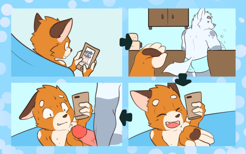 16:10 bodily_fluids canid canine canis cellphone clothed clothing comic domestic_dog duo fox hi_res humanoid_penis humor male male/male mammal penis phone sharparadise sweat topless