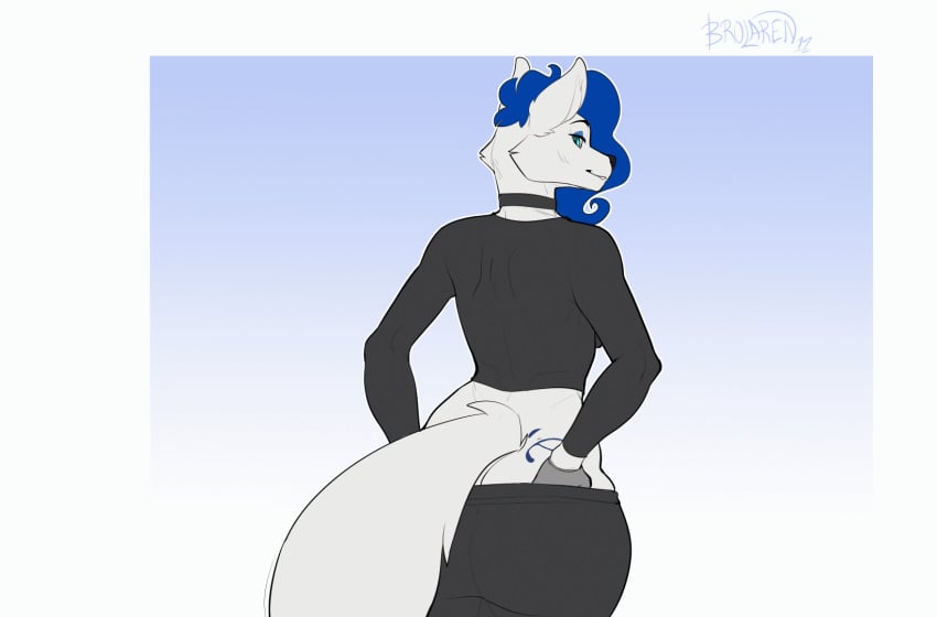 2019 animated anthro anus ass bent_over big_ass big_butt blue_eyes blue_hair brolaren canid canine canis chelsea_(pearlhead) clothed clothing collar female female_focus female_only fingerless_gloves from_behind_(disambiguation) fur furry furry_only gloves hair handwear hi_res mammal original original_character original_characters pants_down partially_clothed presenting presenting_anus presenting_hindquarters pussy short_playtime smile solo spread_anus spreading tail tattoo thick_thighs wolf