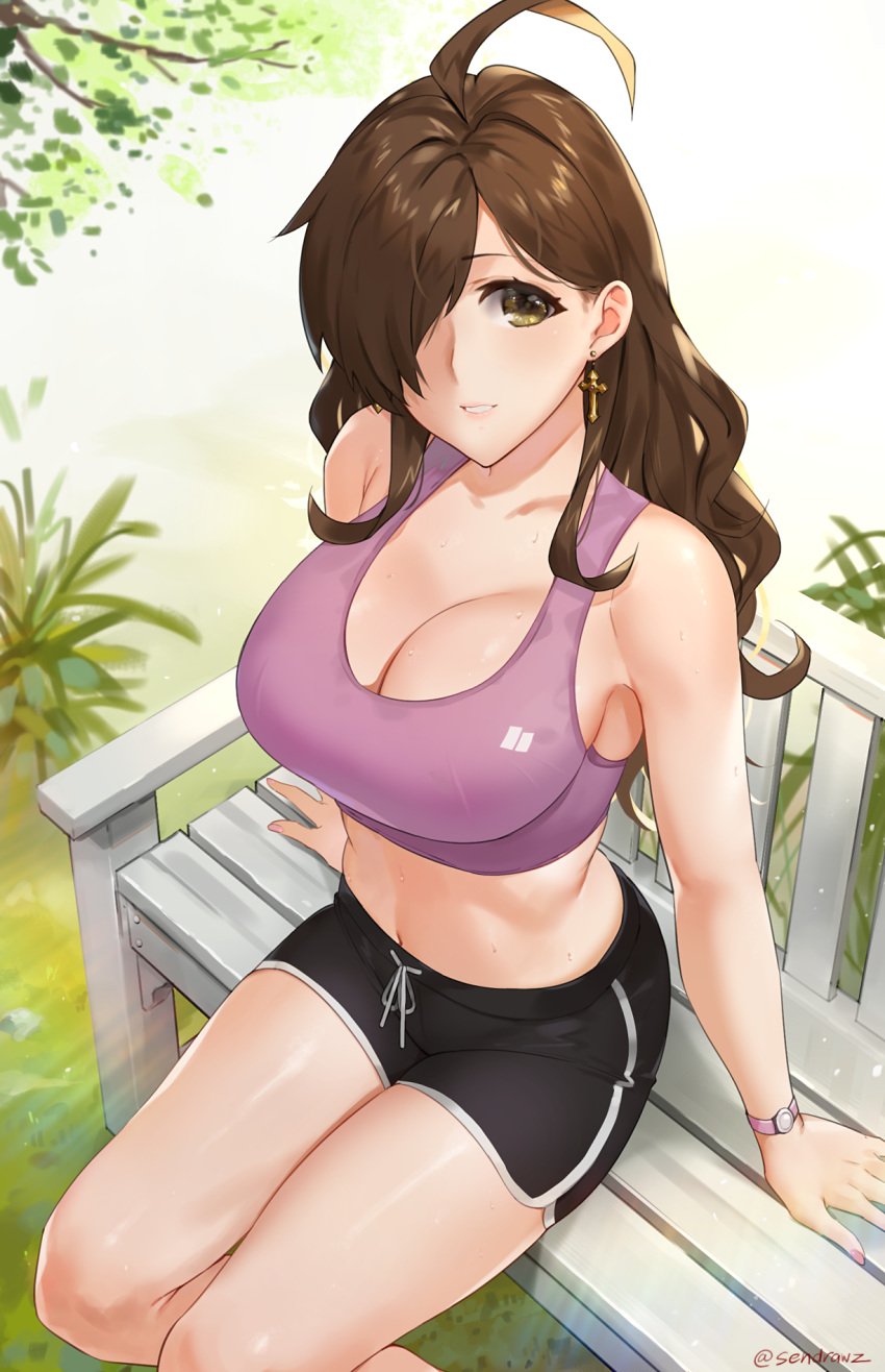 1girl 1girls ahoge bench brown_hair brunette cleavage dolphin_shorts earrings fit_female fully_clothed hair_over_one_eye kono_subarashii_sekai_ni_shukufuku_wo! large_breasts nail_polish outdoors pink_nails relaxing sendrawz shorts solo sports_bra sweat watch wiz_(konosuba) yellow_eyes