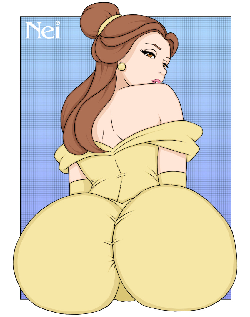 ass beauty_and_the_beast belle big_ass bubble_butt butt_focus dat_ass disney disney_princess dress female female_only ne1v1a solo yellow_dress