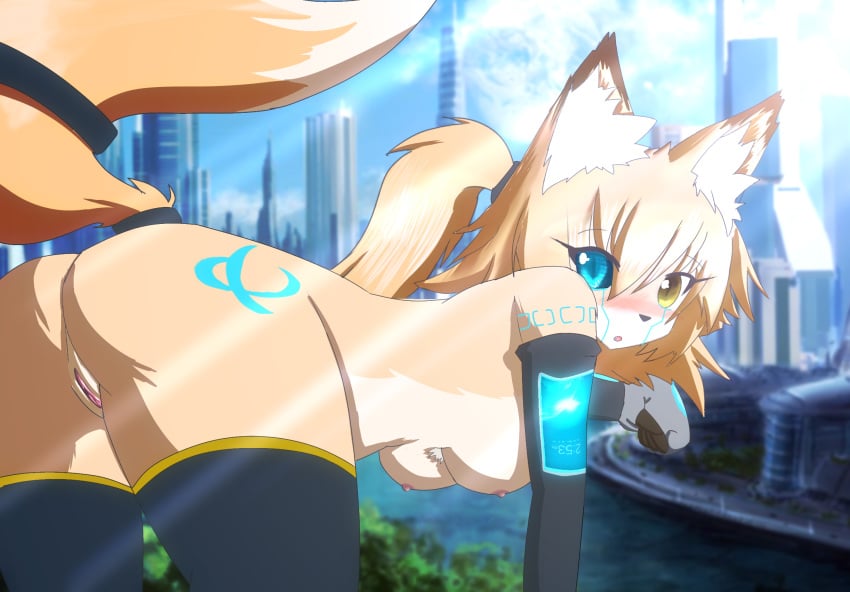 ass blush breasts ear ears_up fake_screenshot female female_fox fox fox_ears fur furry futuristic highres kon_ichi nipples presenting_pussy pussy tlakitugamingtv yellow_eyes yellow_fur yellow_hair