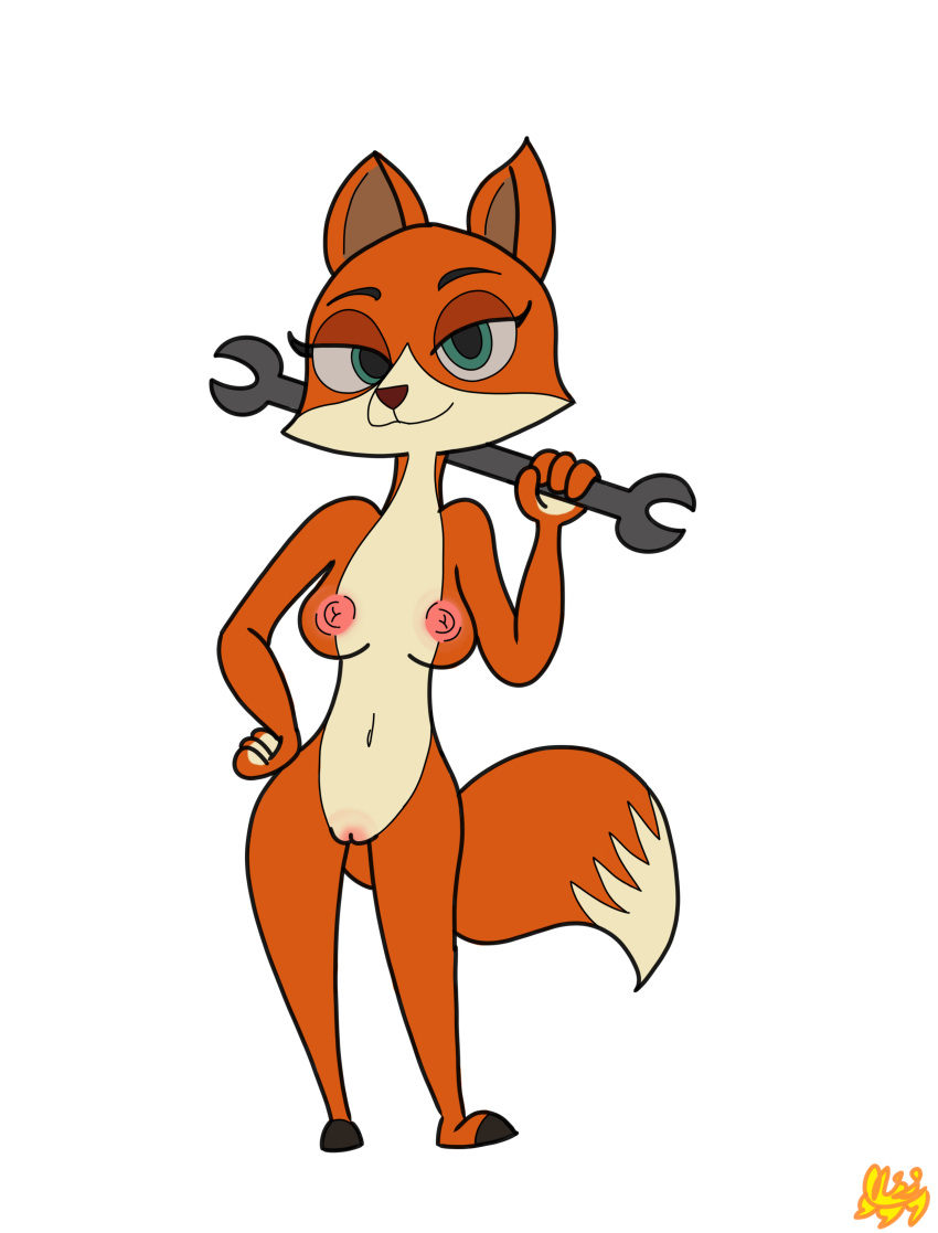 2019 absurd_res anthro arctic_dogs breasts canid canine canis digital_media_(artwork) female fox fur green_eyes grin hi_res jade_(arctic_dogs) looking_at_viewer mammal missmagnificence navel nipples nude orange_body orange_fur pinup pose pussy smile solo standing tagme tools toony wrench