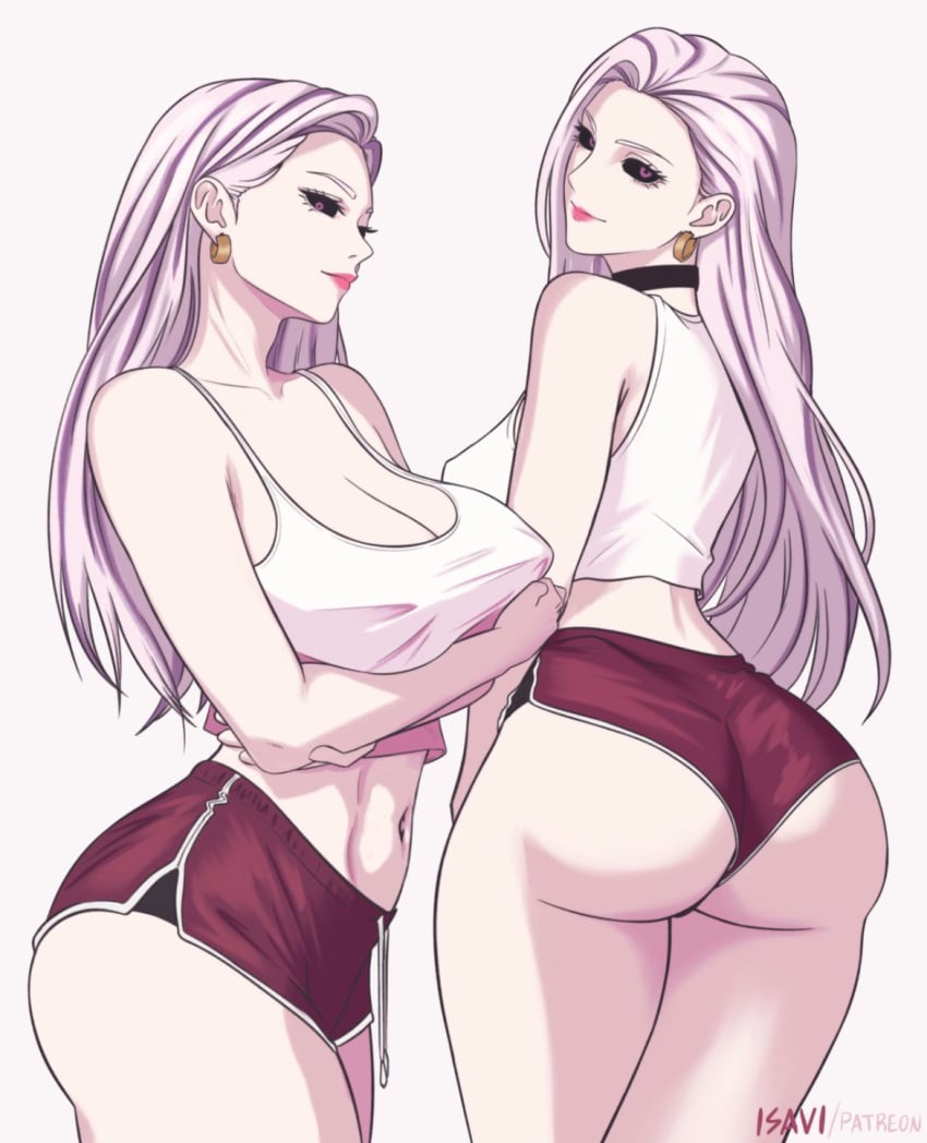 ass back_view backside belly belly_button big_ass big_breasts big_thighs black_sclera booty_shorts curves curvy curvy_female cute cute_face female female_focus female_only hourglass_figure isavi juicy_lips jujutsu_kaisen long_hair looking_at_viewer looking_back navel nipple_bulge pink_eyes pink_hair presenting_ass sexy sexy_body shirt short_shorts showing_off_ass side_view solo solo_female solo_focus thick_ass thick_thighs tummy uro_takako