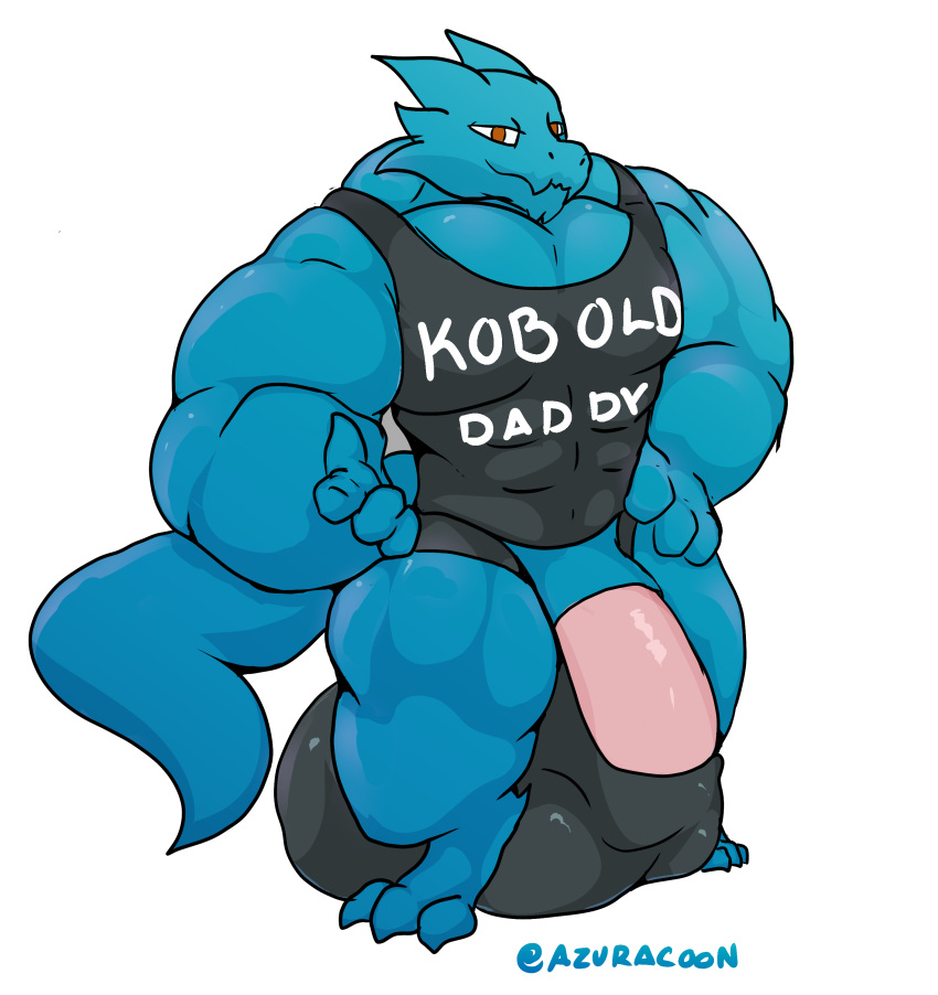 absurd_res anthro azuracoon biceps blue_body blue_skin bulge clothing hi_res hyper kobold male male_only mig_mog muscular pecs shirt tank_top topwear