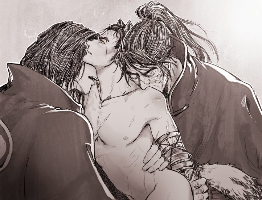 animal_ears arm_grab big_dom_small_sub fromsoftware gay genichiro_ashina kissing larger_male male male_only malesub multiple_boys sekiro sekiro:_shadows_die_twice size_difference smaller_male tail threesome yaoi