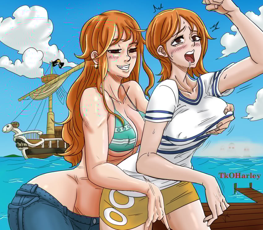 2girls abs ahe_gao bikini breast_grab brown_eyes cloud color colored coloured female female_only fingering fit fit_female forced forced_yuri ginger going_merry groping groping_breasts lesbian_rape long_hair nami_(one_piece) one_piece orange-haired_female orange_hair orgasm red_hair sailor_uniform sea selfcest short_hair sky tkoharley water yuri yuri_rape