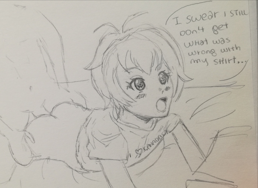 anal bang_dream! blush disinterested_sex faceless_male innocent kitazawa_hagumi pencil_(artwork) sex short_hair sketch speech_bubble t-shirt text traditional_media_(artwork) unaware wide_eyes