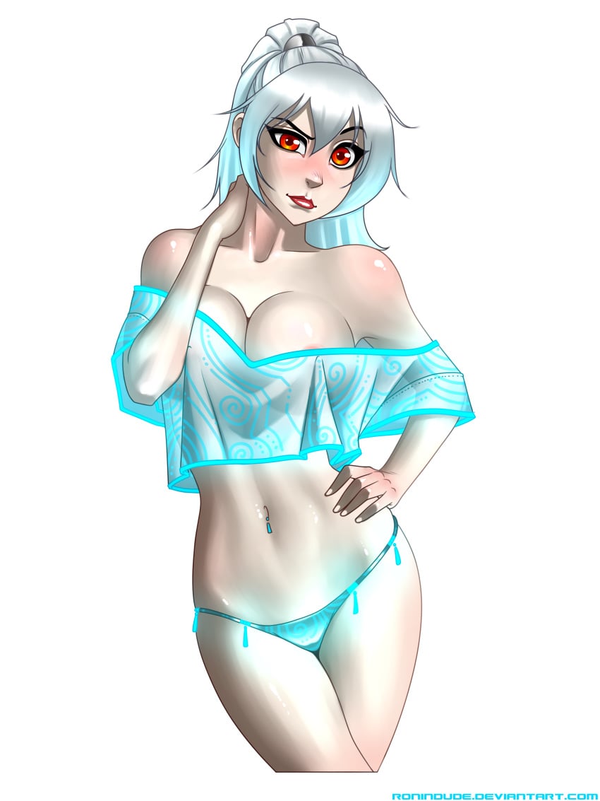 absurdres bare_shoulders blush breasts cropped_legs female highres large_breasts long_hair looking_at_viewer navel_piercing orange_eyes original panties ponytail ronindude silver_hair simple_background solo tied_hair underwear uneven_eyes white_background