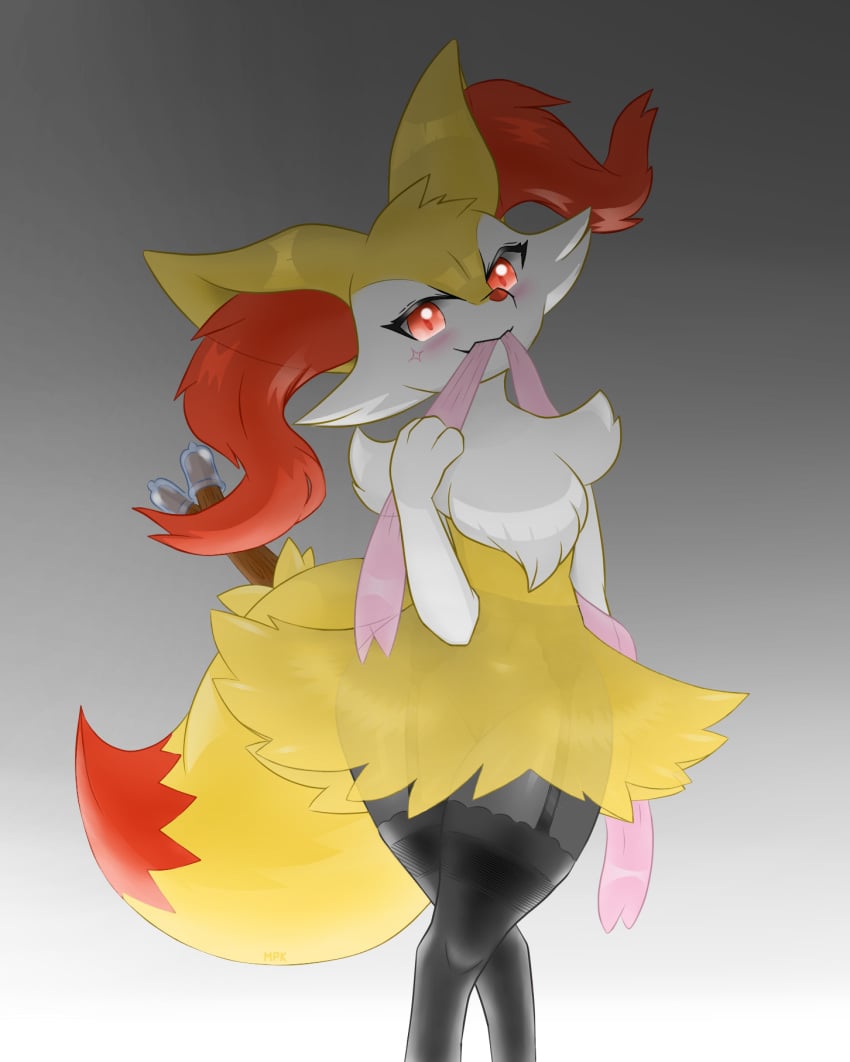 ambiguous_gender blush braixen clothing condom eye_contact female fullfolka fur grey_background half-closed_eyes hi_res legwear looking_at_viewer navel nintendo pokémon_(species) pokemon pokemon_(species) pokemon_xy pussy red_eyes solo standing stockings teeruuna thick_thighs translucent video_games wide_hips