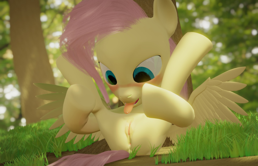 2019 3d 3d_(artwork) anus ass autocunnilingus blender_(disambiguation) blush bodily_fluids day detailed_background digital_media_(artwork) equid equine feathered_wings feathers female flexible fluttershy_(mlp) forest friendship_is_magic genital_fluids grass hair hi_res legs_up mammal masturbation my_little_pony nude ooredelen open_mouth oral oral_masturbation pterippus pussy pussy_juice solo spread_legs spreading straight_hair tongue tongue_out tree vaginal_masturbation vaginal_penetration wings