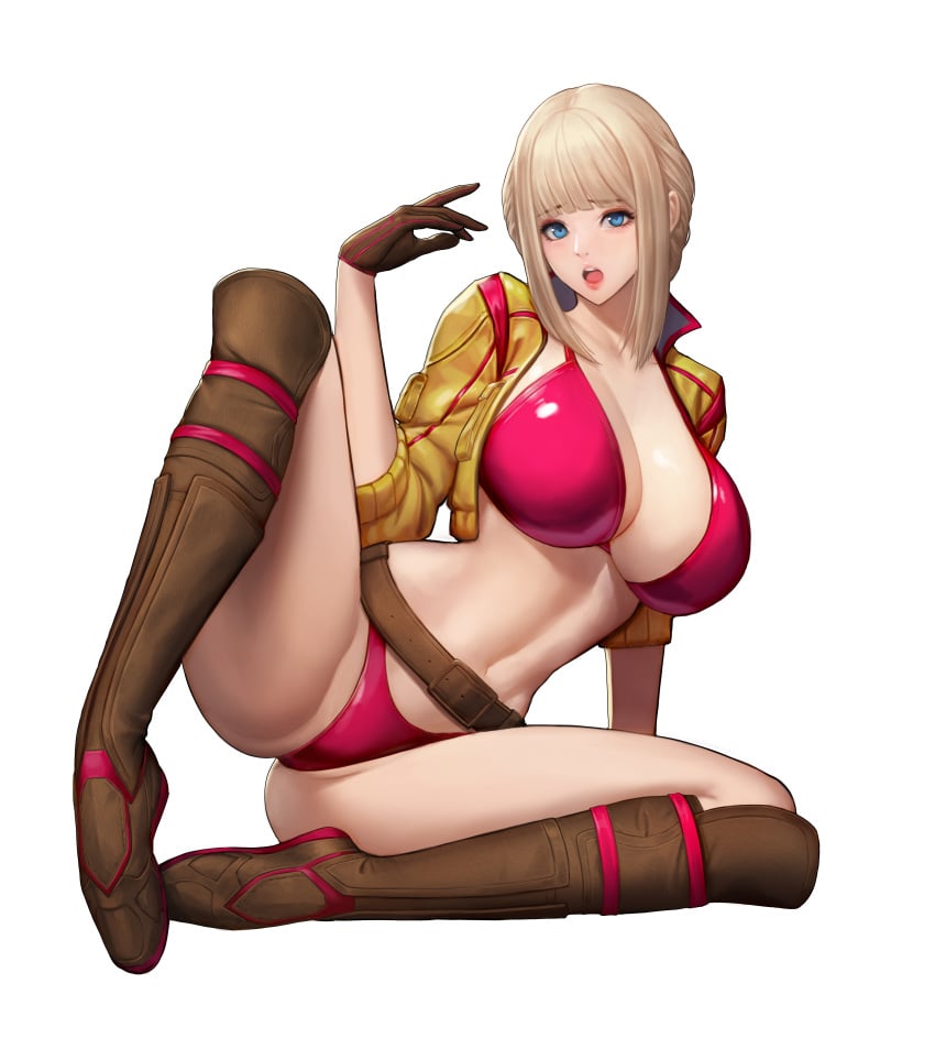 1girls absurdres big_breasts breasts cleavage female female_only highres jungon_kim large_breasts looking_at_viewer solo spread_legs thighhighs