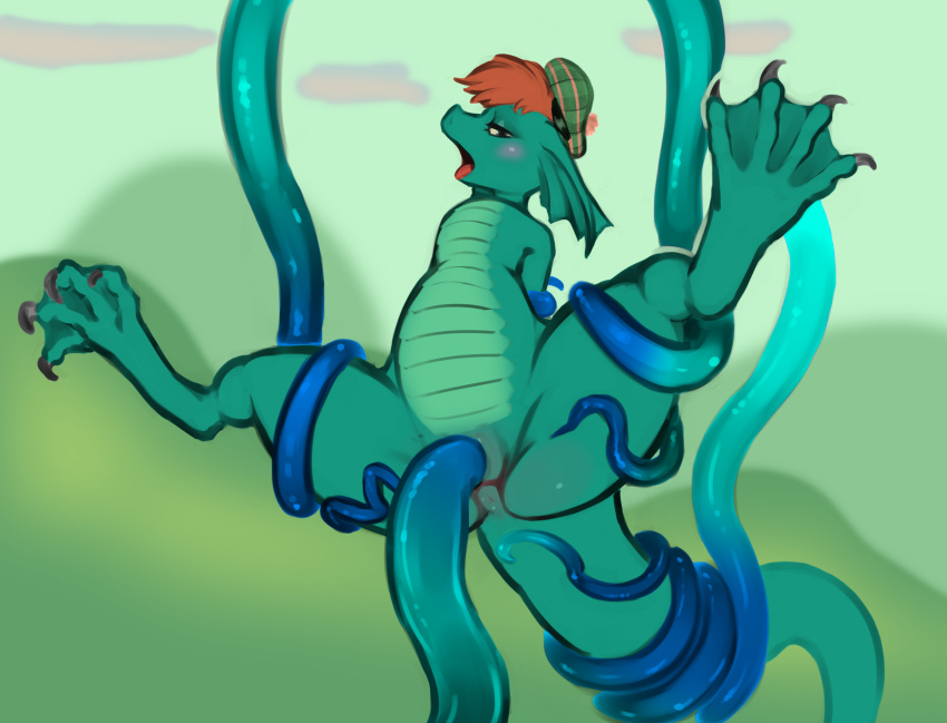 1girls 2019 4_toes absurd_res anthro anus biped bound claws color_edit colored digital_media_(artwork) ear_frill edit featureless_chest female flat_chested frill_(anatomy) green_body green_scales hair hands_behind_back hi_res loch_ness_monster long_tail looking_at_viewer membrane_(anatomy) multicolored_body multicolored_scales napalm_express nessie open_mouth orange_hair outside penetration pussy reptile rubrad scales scalie sex short_hair simple_background spread_legs spreading tam_o'_shanter tentacle tentacle_sex thick_tail toe_claws toes two_tone_body two_tone_scales vaginal_penetration webbed_feet